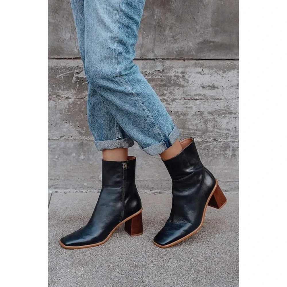 Alohas East Black Leather Square Toe Ankle Boots‎ Wood Block Heel Spain Size 41